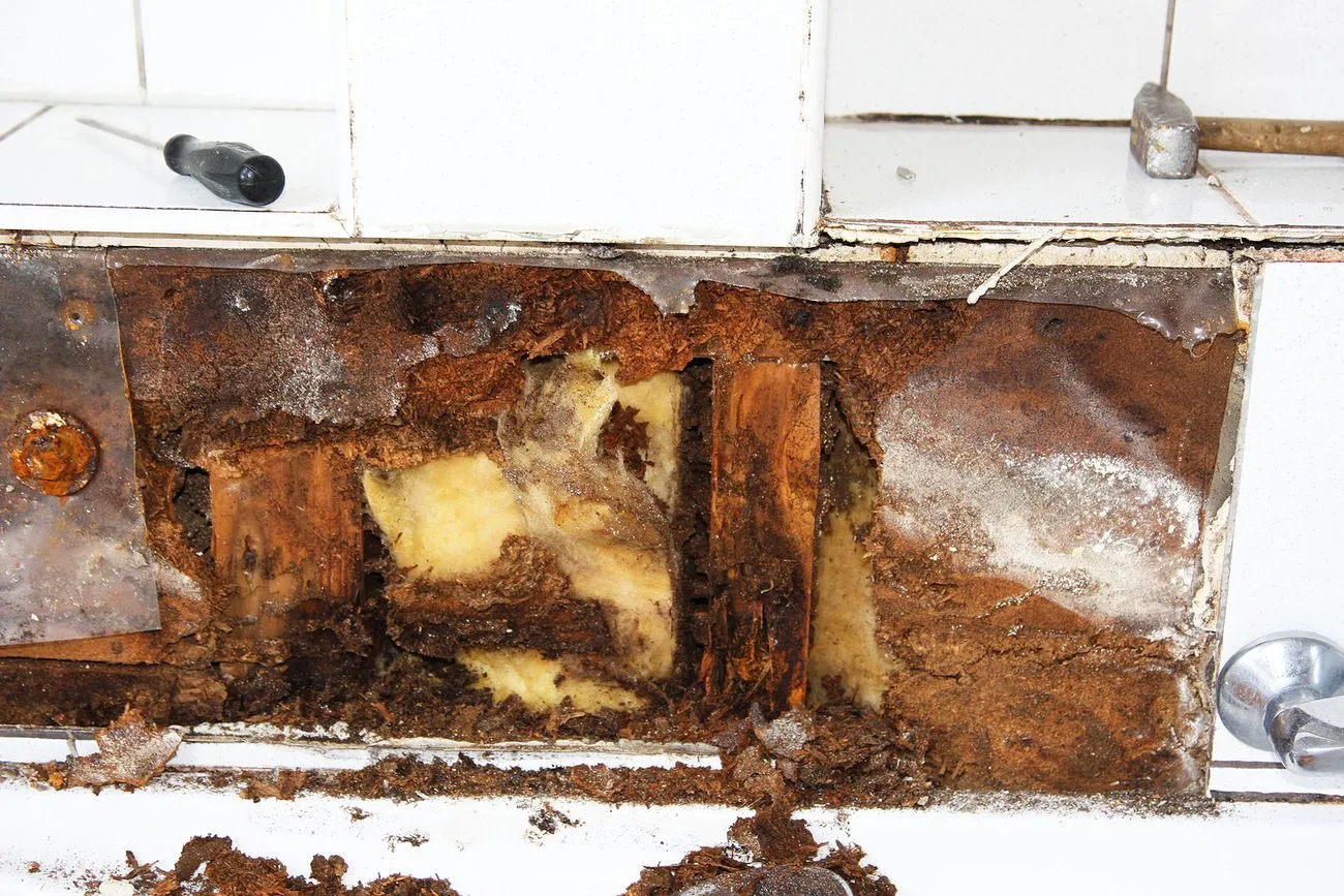 bathroom water damage from leaking shower pipes