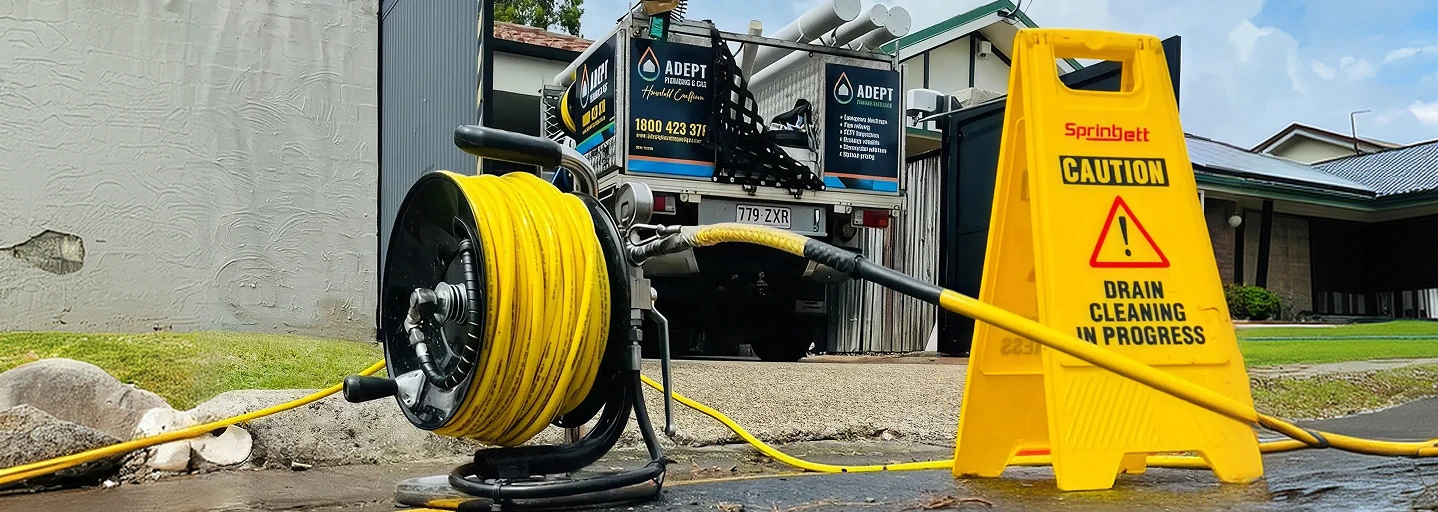 Adept Plumbing & Gas drain jetting truck with a drain cleaning in progress sign