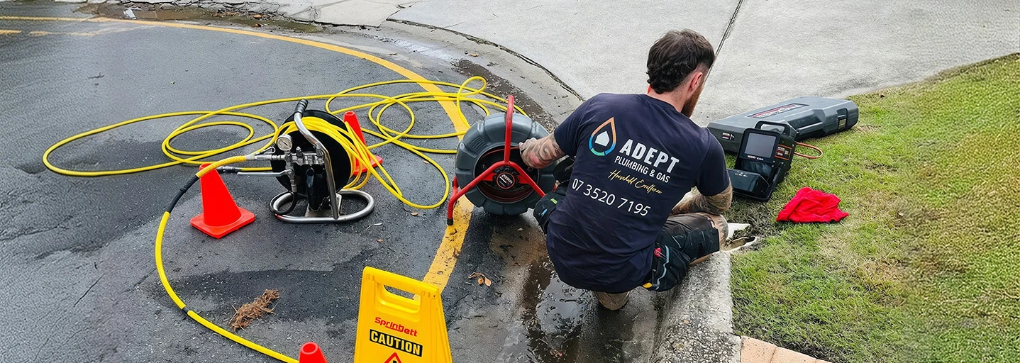 Adept Plumbing & Gas technician jetting a blocked stormwater drain at the kerb