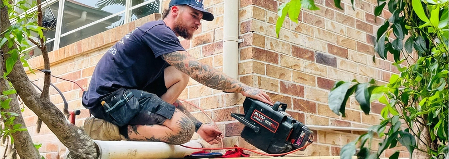 Plumber using a drain cleaning machine on an outdoor pipe