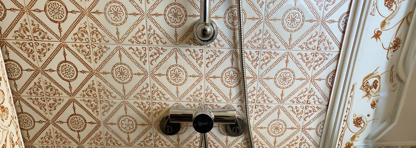 Old shower mixer and hose on patterned tiles in a dated bathroom