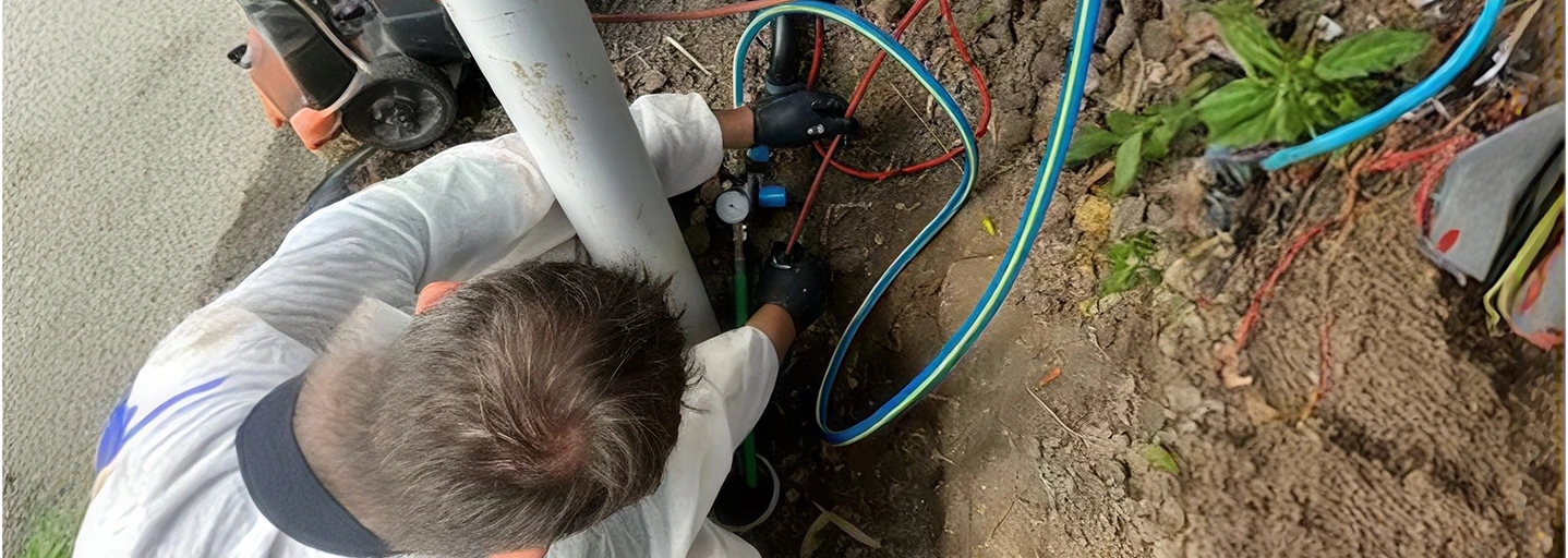 Plumber relining an underground pipe
