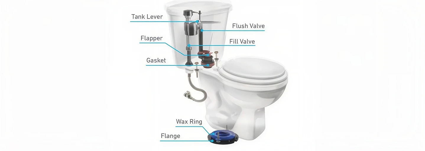 Diagram of toilet parts labelling the tank lever, flush valve, flapper, fill valve, gasket, wax ring and flange