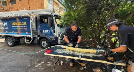 Adept Plumbing & Gas team working beside the truck on an Annerley job