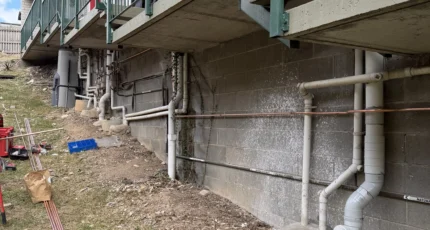 Drainage pipework being replaced beneath a unit block in Annerley