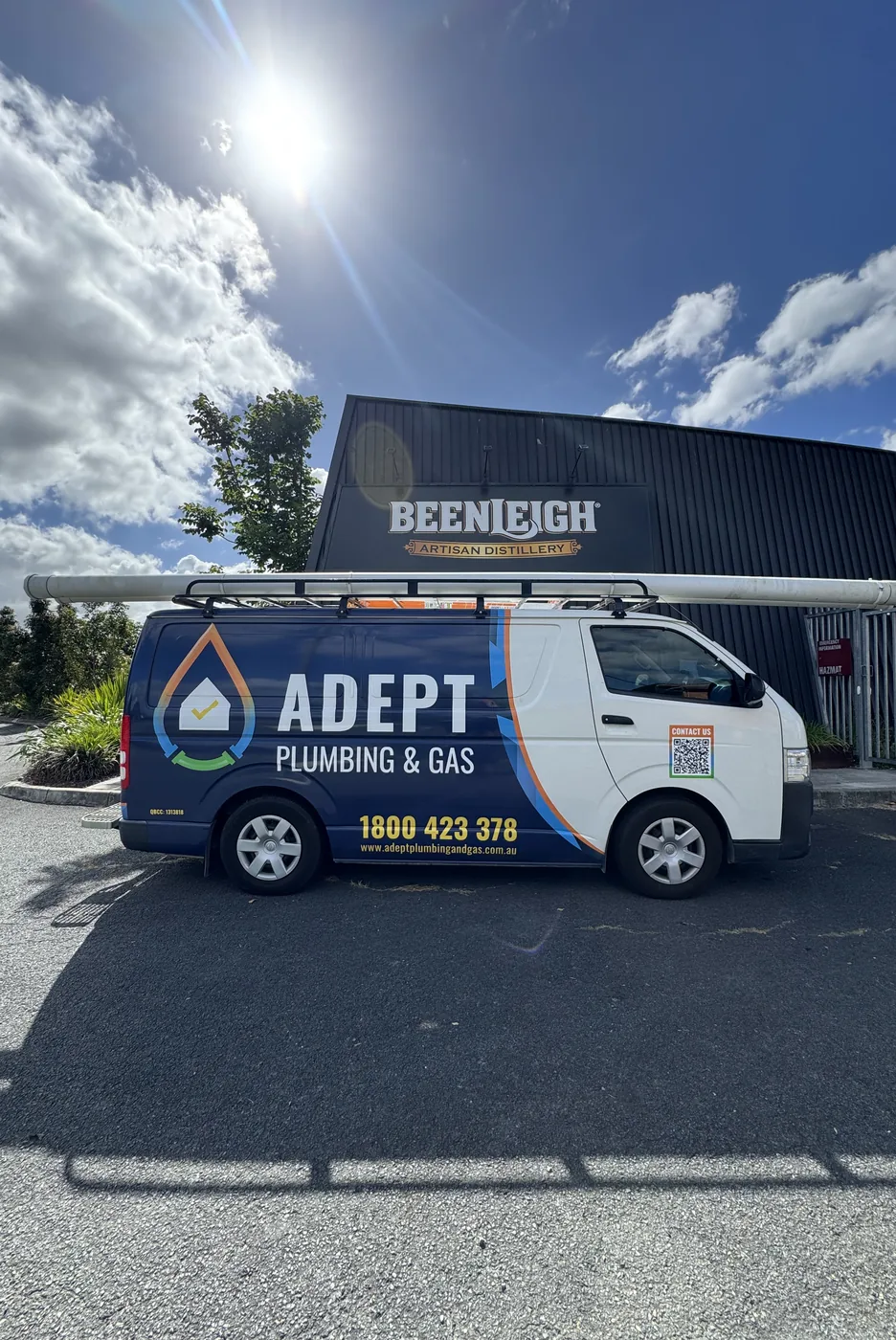 Adept Plumbing & Gas van outside the Beenleigh distillery