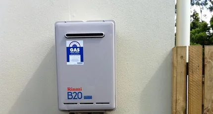 Rinnai continuous flow gas hot water unit installed on a Tarragindi home