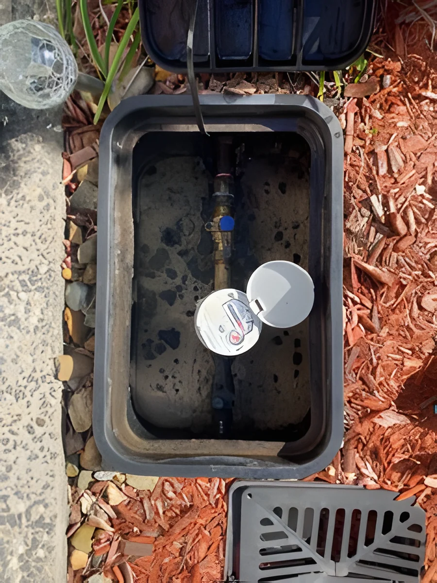 Water meter in its in-ground box with the lid open, ready for a leak test