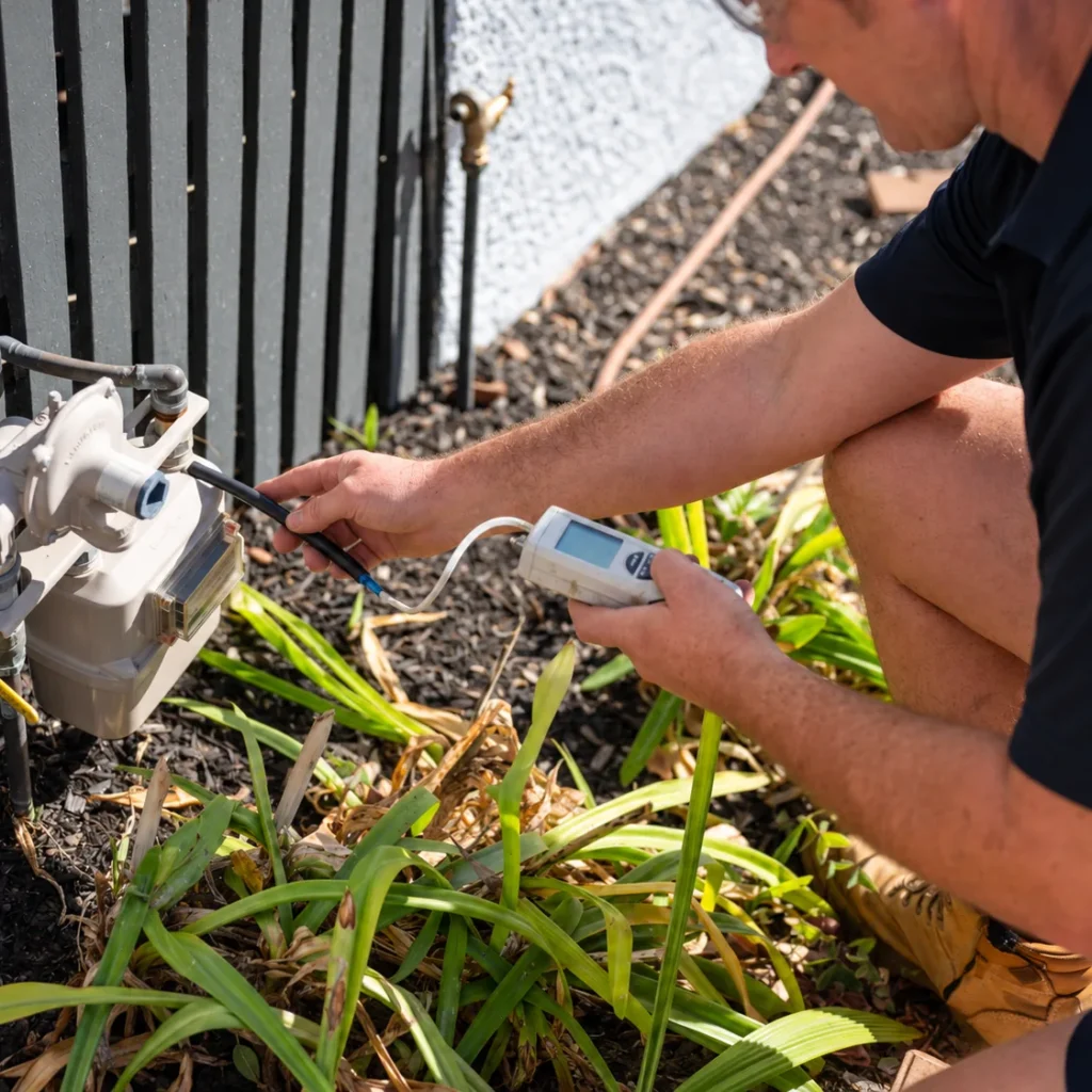 Adept Plumbing & Gas plumber working on an outdoor fitting in a garden bed
