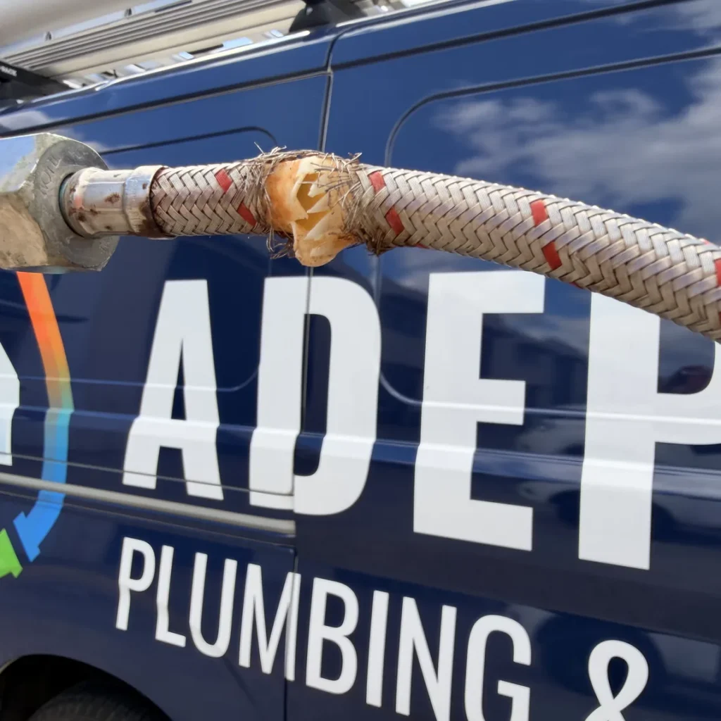 Braided flexible hose held in front of an Adept Plumbing & Gas van