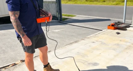 Adept plumber using an electronic leak locator over an open access pit at a body corporate site