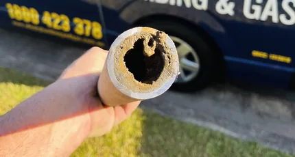 Blocked pipe section held up beside the Adept Plumbing & Gas van in Holland Park