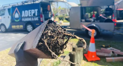 Pipe section choked with tree roots, held up beside the Adept Plumbing & Gas van in Meadowbrook