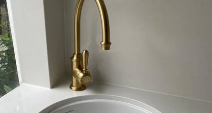 Brushed brass sink mixer above a round basin in New Farm