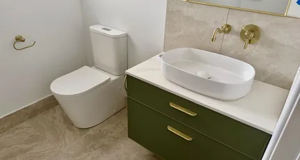 Renovated bathroom with a green vanity and brass tapware in Shailer Park