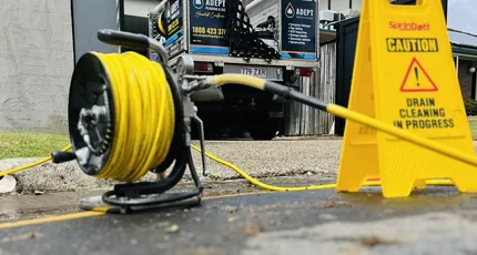 Drain jetter and safety sign at a drain cleaning job in Waterford