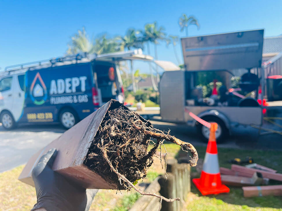 Damaged drain pipe caused by tree root growth fixed by local plumber in Logan