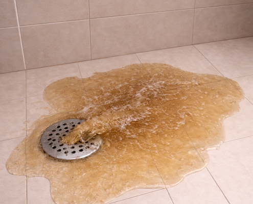 Backed-up sewer causing shower drain to overflow onto the floor