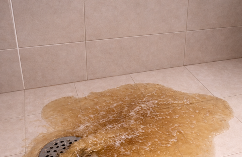 Backed-up sewer causing shower drain to overflow onto the floor