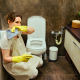 Woman cleaning a bathroom while dealing with unpleasant odours