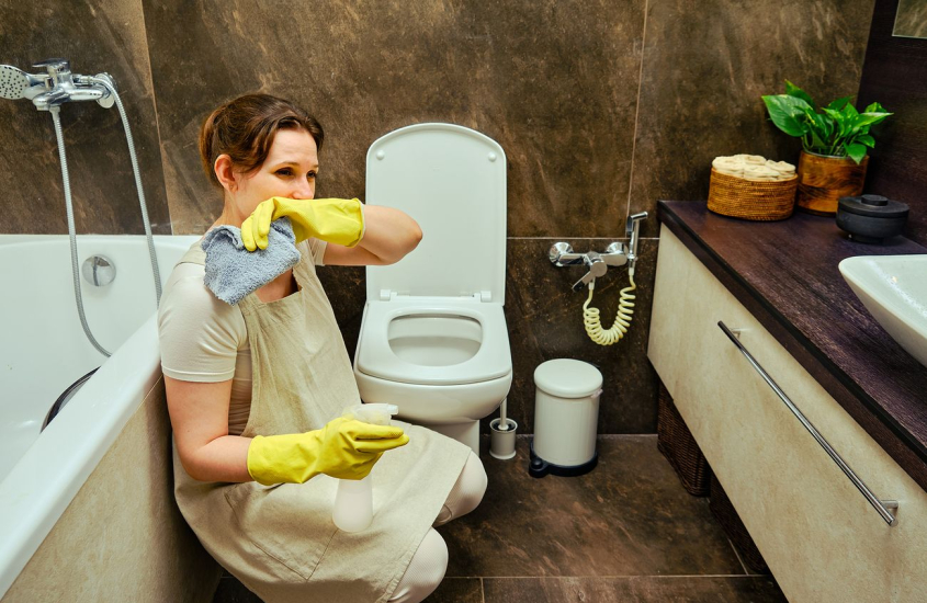 Woman cleaning a bathroom while dealing with unpleasant odours