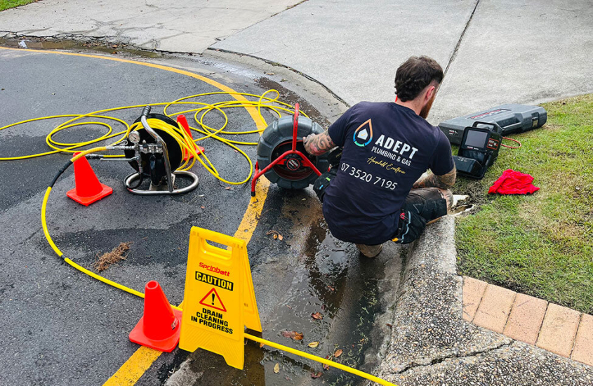 Adept Plumbing & Gas expert plumber working on blocked stormwater drains in Logan